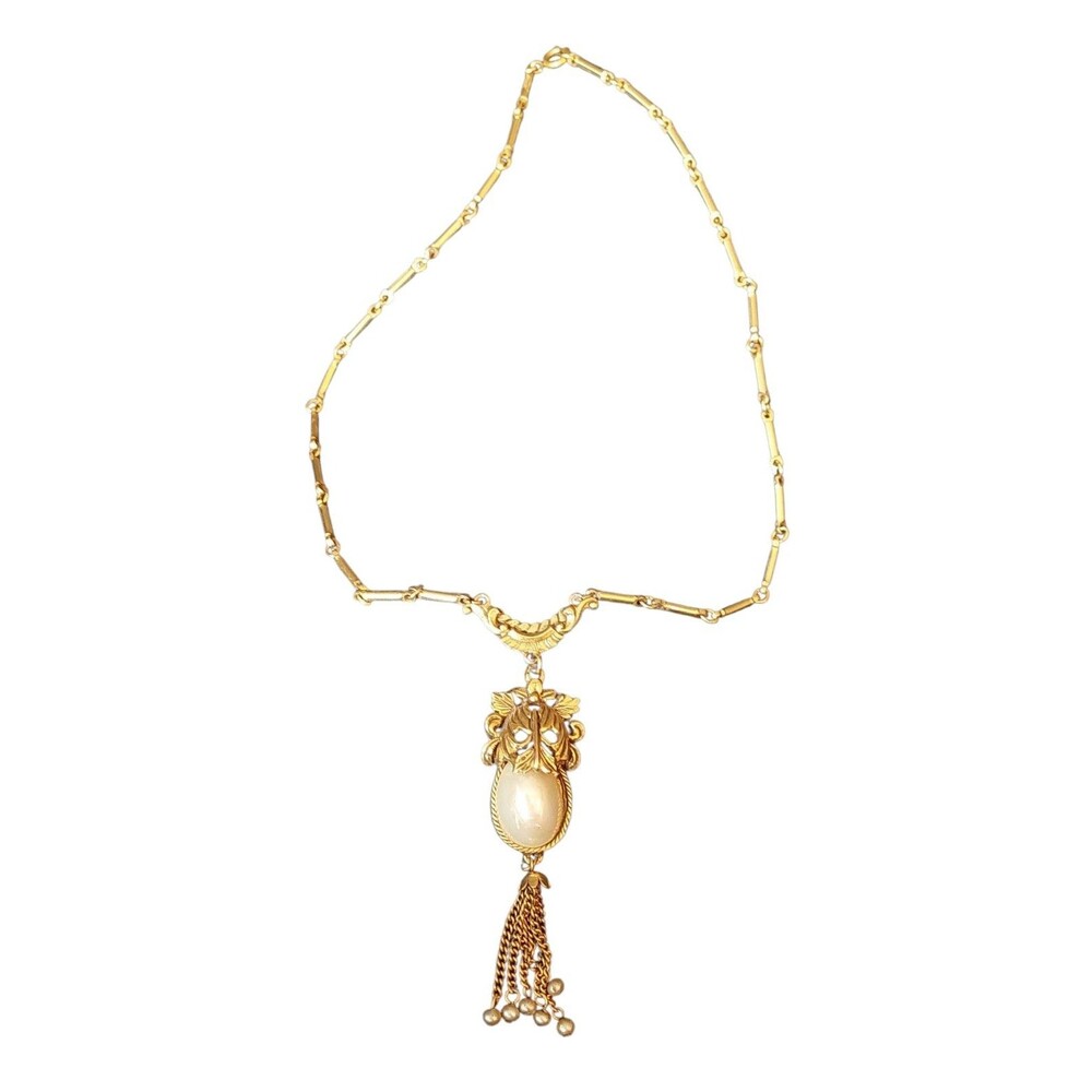 Vintage Goldette White Faux Pearl Dangle Fringe  Victorian Revival Necklace 60’s